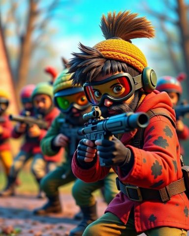 Paintball Massacre A group of children in colourful clothing aiming toy guns in a forest setting.